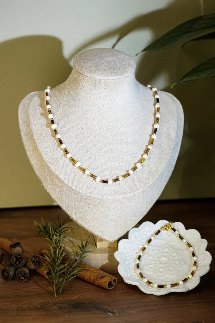 🐆✨ Tiger Eye & Freshwater Pearl Matching Jewelry Set, Dainty Tube Stone Necklace & Stackable Bracelet for Women