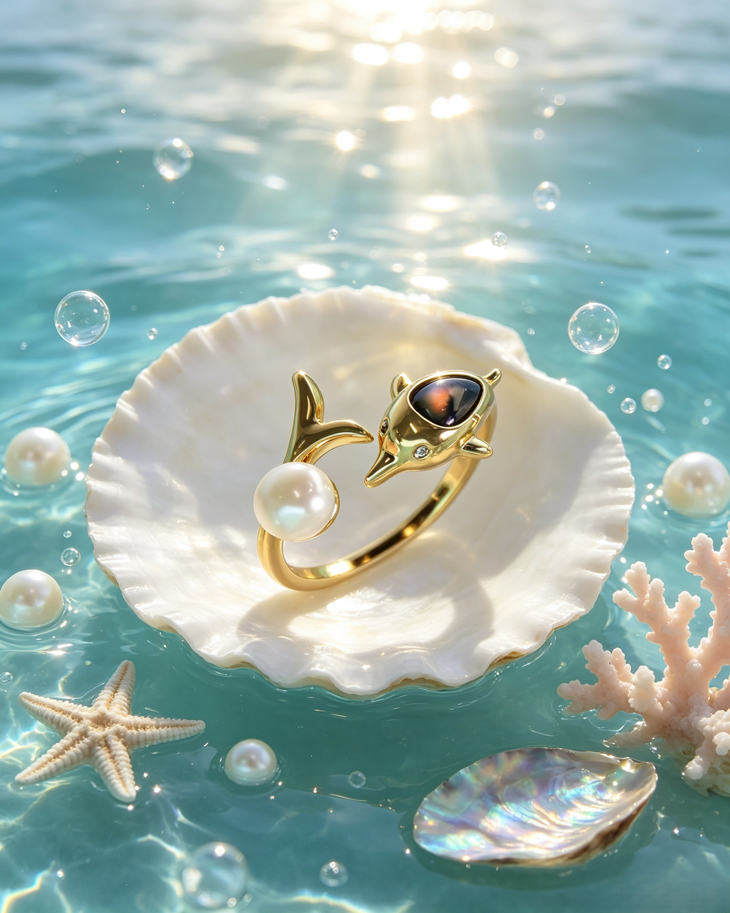 🐬✨ Dolphin Pearl Open Ring, Adjustable Gold Ocean Statement Ring For Summer Vacation &