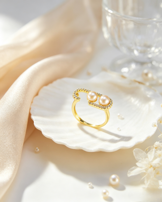 ✨ Minimal Open Freshwater Pearl Wrap Ring | Gold Adjustable Double Pearl Ring with Crystal Accents for Everyday Elegance