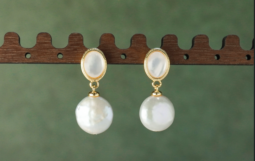 Oval Mother of Pearl Baroque Freshwater Pearl Drop Earrings