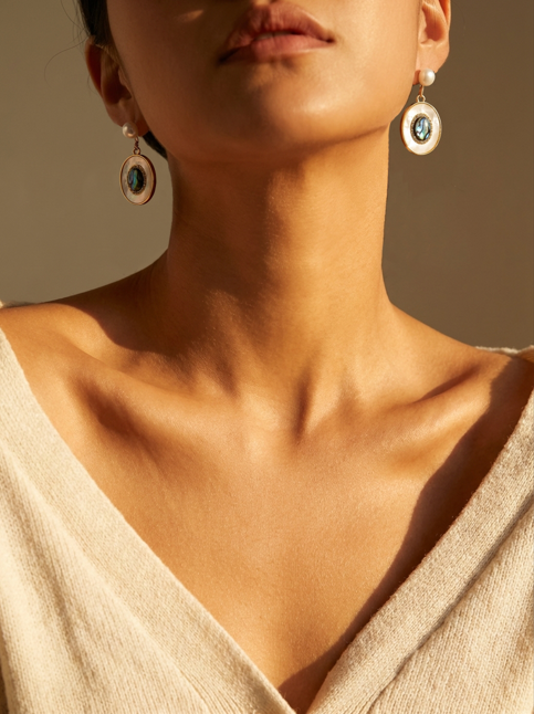 Double Pearl Iridescent Blue Zircon Halo Pendant Earrings