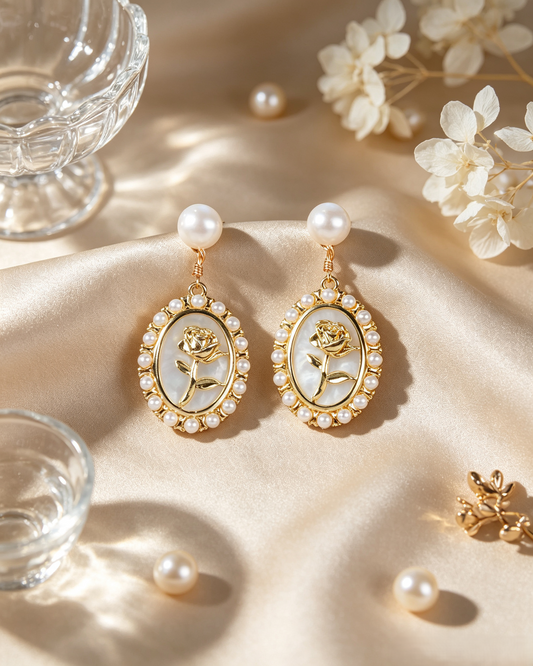 🤍 Romantic Rose Cameo Pearl Matching Jewelry Set for Elegant Daily & Date Outfits