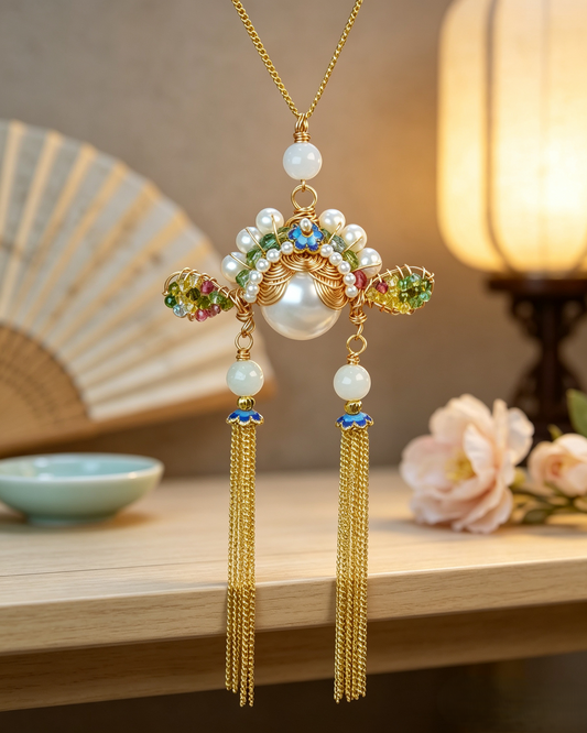 🏮 Antique Chinese Opera Headpiece Inspired Jewelry Set with Cloisonné & Gold Tassels