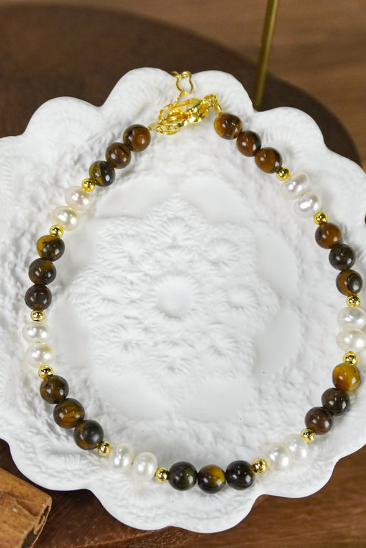 🤎✨ Warm Earth Tone Tiger Eye Layered Beaded Necklace With Freshwater Pearl Accents, Dainty Two-Strand Necklace for Casual &amp; Office Styling