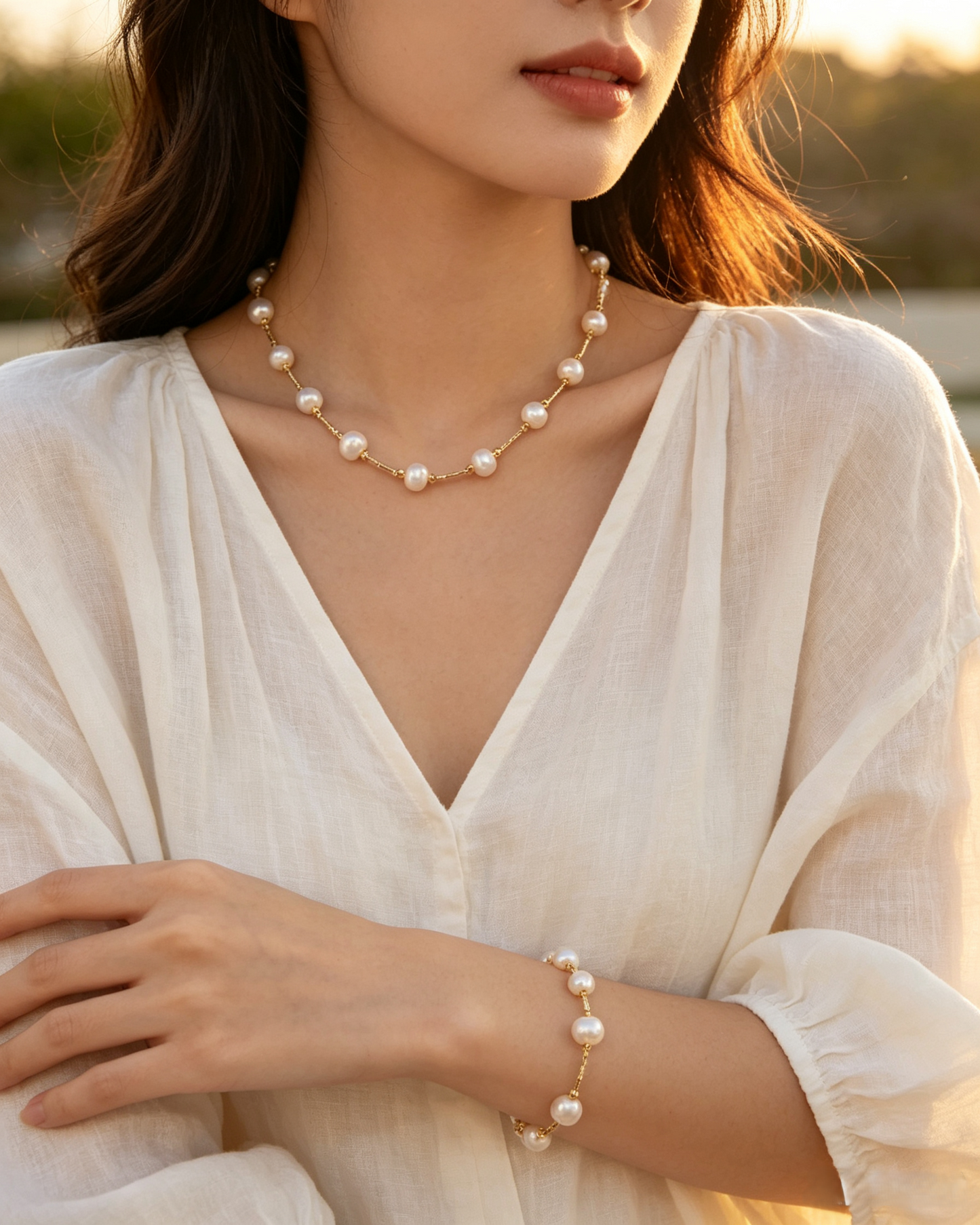 Station Freshwater Pearl Necklace & Bracelet Set