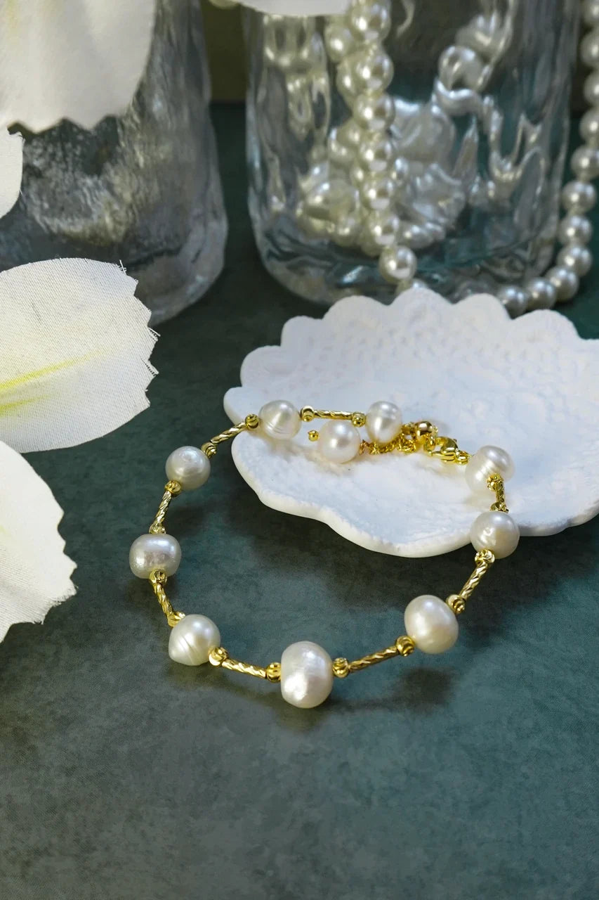 🤍 Handmade Baroque Freshwater Pearl Bracelet, Twisted 14K Gold Chain Bracelet