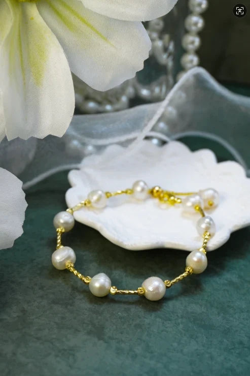 🤍 Handmade Baroque Freshwater Pearl Bracelet, Twisted 14K Gold Chain Bracelet