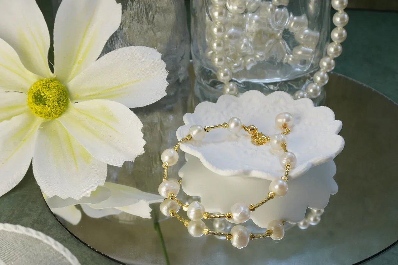 🤍 Handmade Baroque Freshwater Pearl Bracelet, Twisted 14K Gold Chain Bracelet