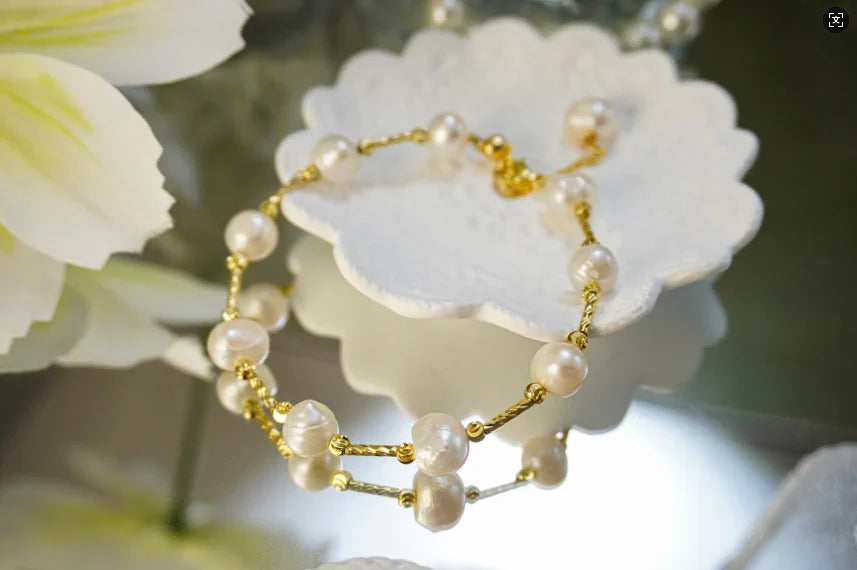 🤍 Handmade Baroque Freshwater Pearl Bracelet, Twisted 14K Gold Chain Bracelet