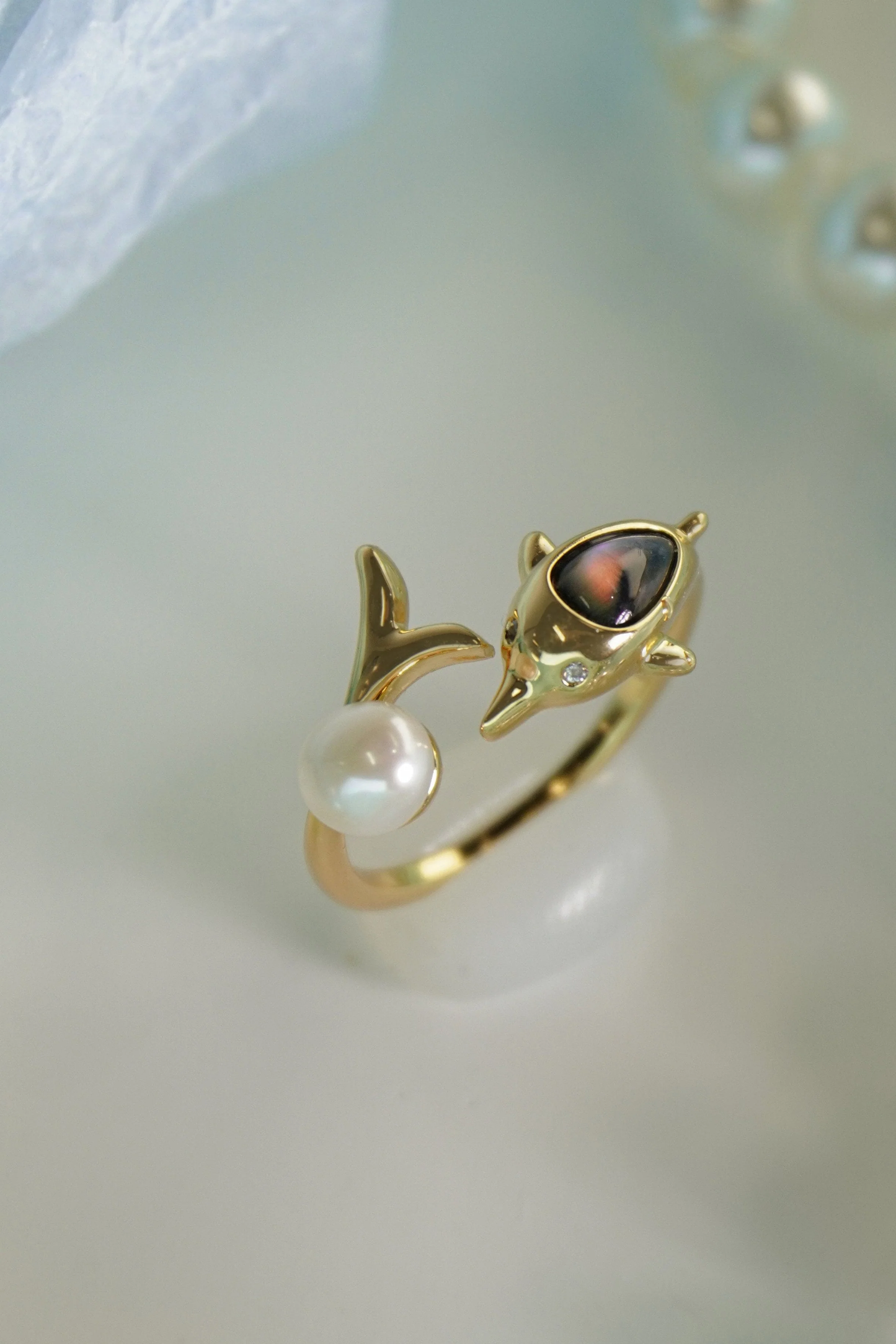 🐬✨ Dolphin  Pearl Open Ring, Adjustable Gold Ocean Statement Ring For Summer Vacation &amp