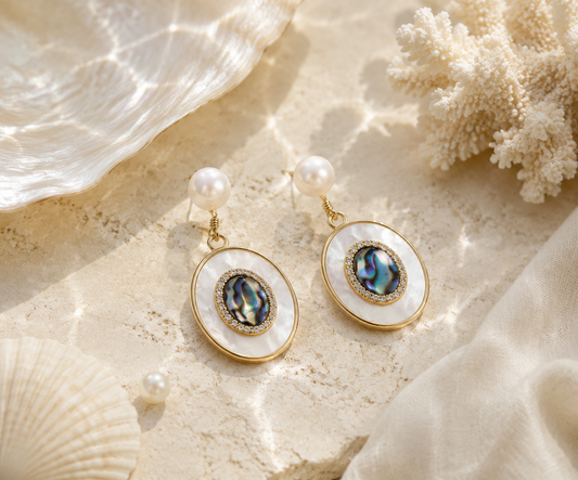 Double Pearl Iridescent Blue Zircon Halo Pendant Earrings