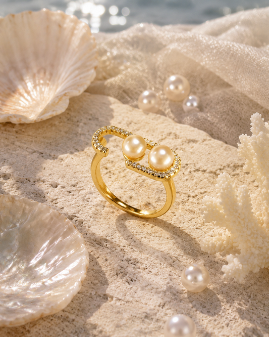 Double Pearl Crystal Open Wrap Gold Ring