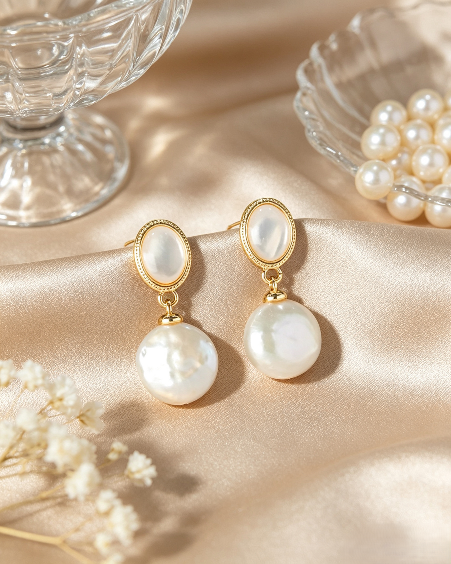 Oval Mother of Pearl Baroque Freshwater Pearl Drop Earrings