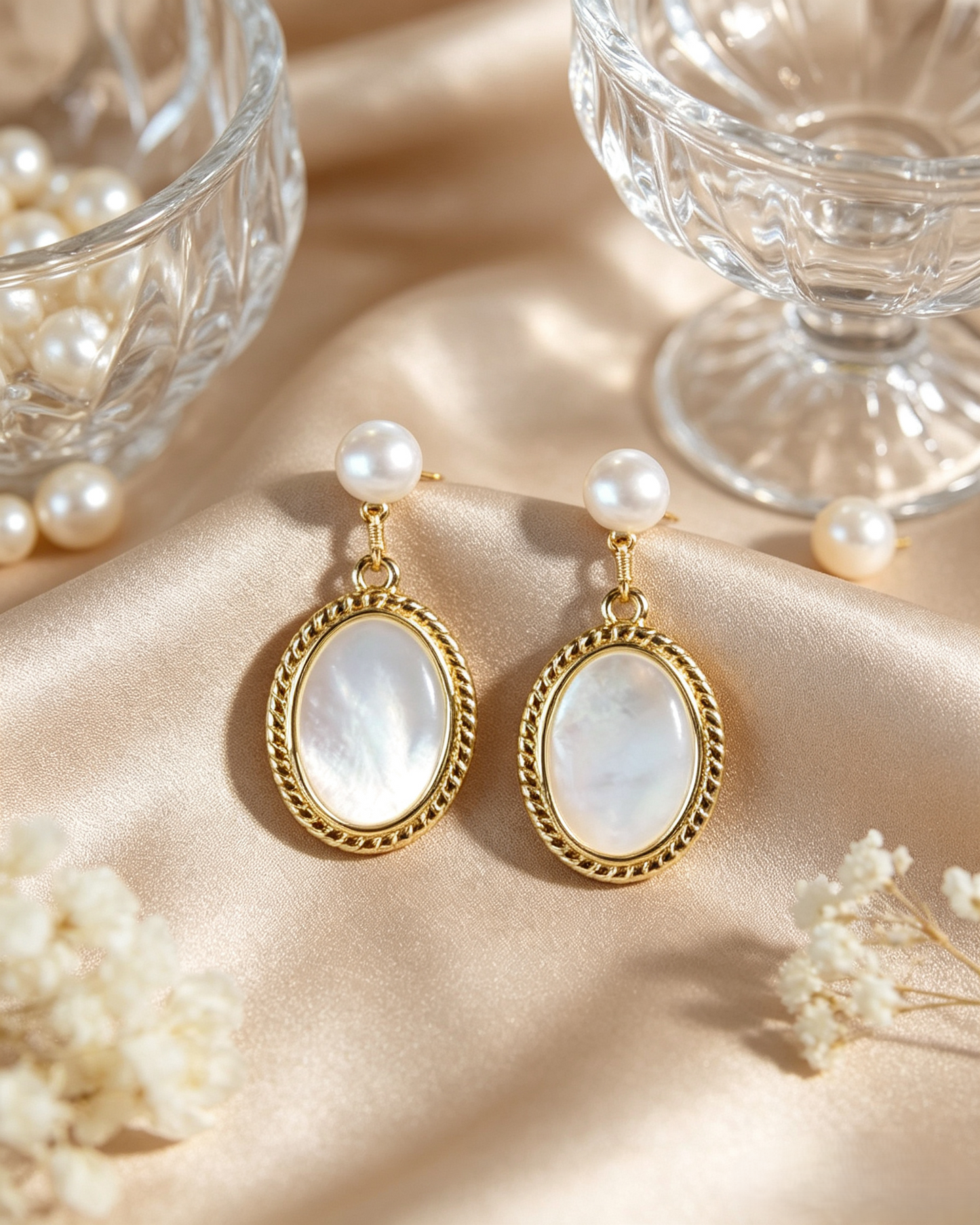 Vintage Oval Mother of Pearl Freshwater Pearl Drop Earrings