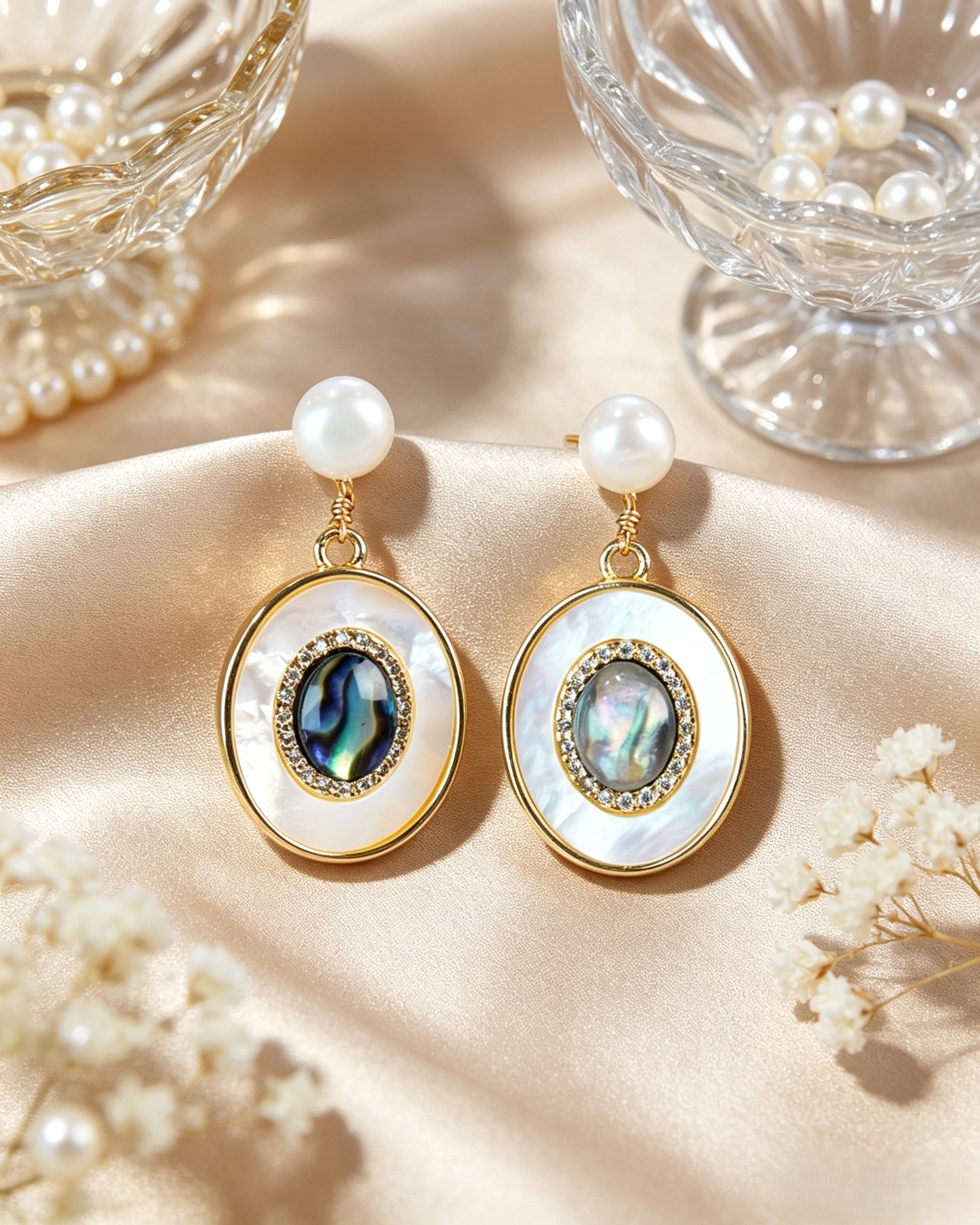 Double Pearl Iridescent Blue Zircon Halo Pendant Earrings