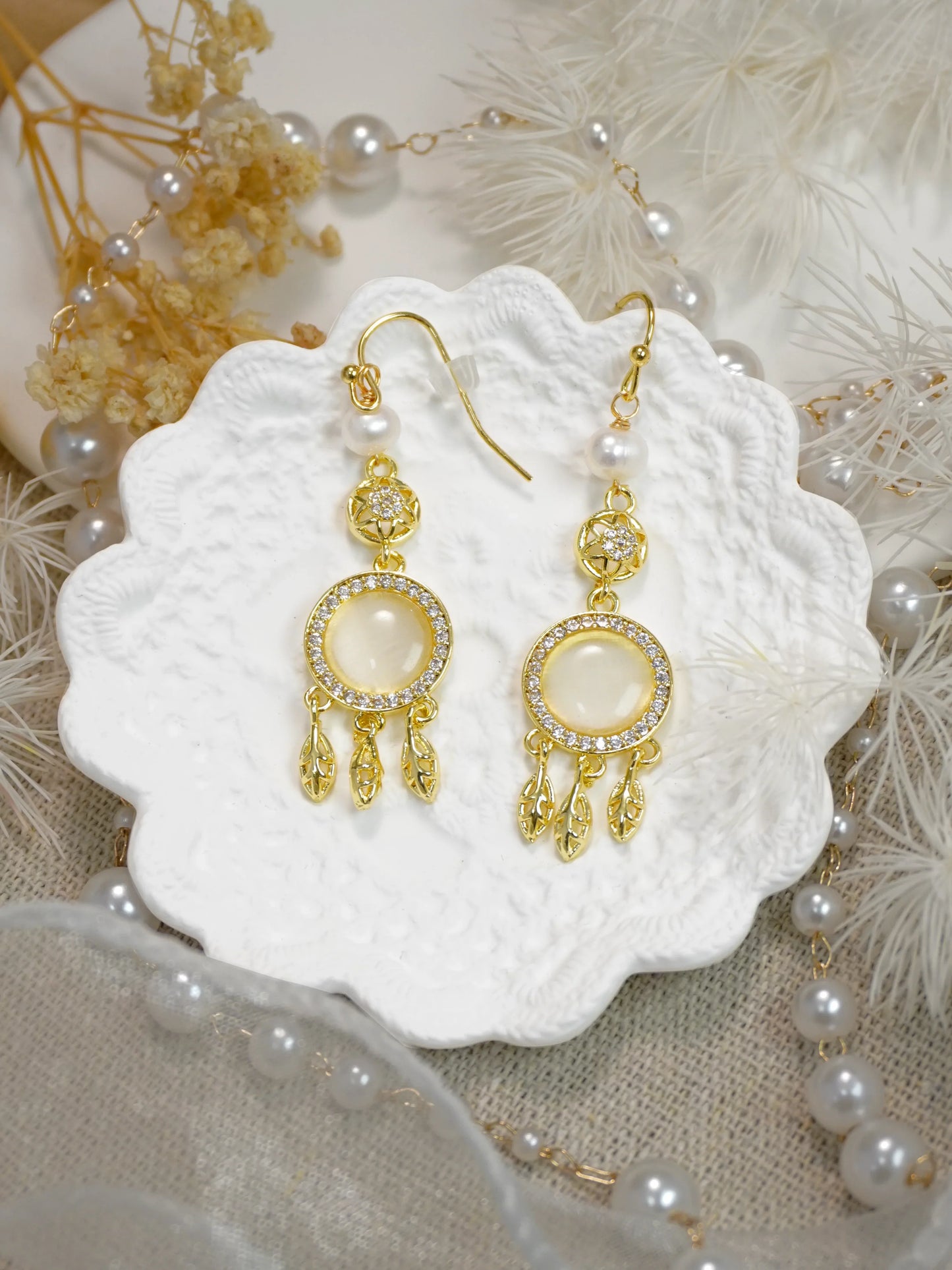🪶 Boho Dreamcatcher Cat’s Eye Pearl Jewelry Matching Set, Gold Leaf Tassel Earrings & Necklace