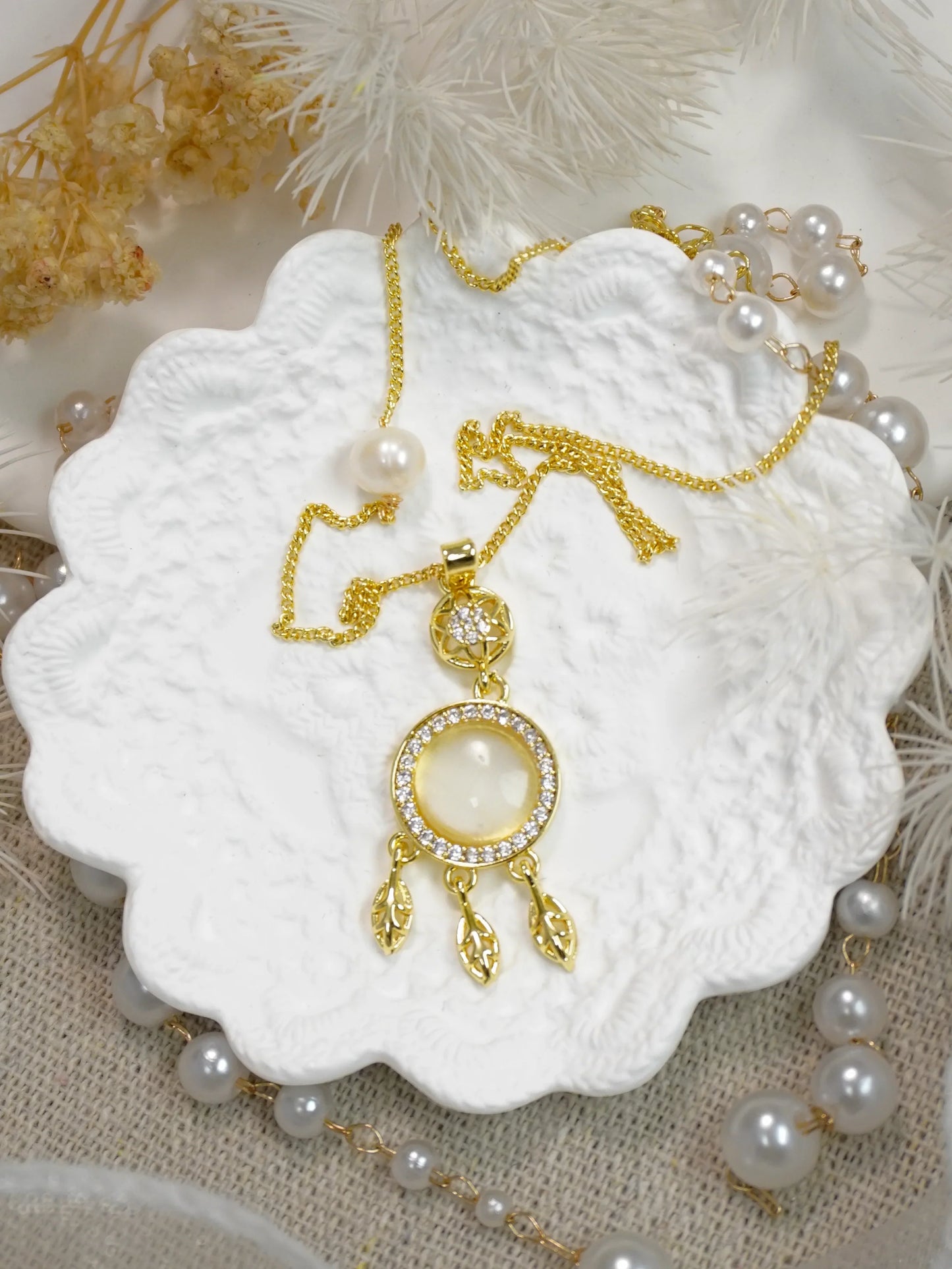 🪶 Boho Dreamcatcher Cat’s Eye Pearl Jewelry Matching Set, Gold Leaf Tassel Earrings & Necklace