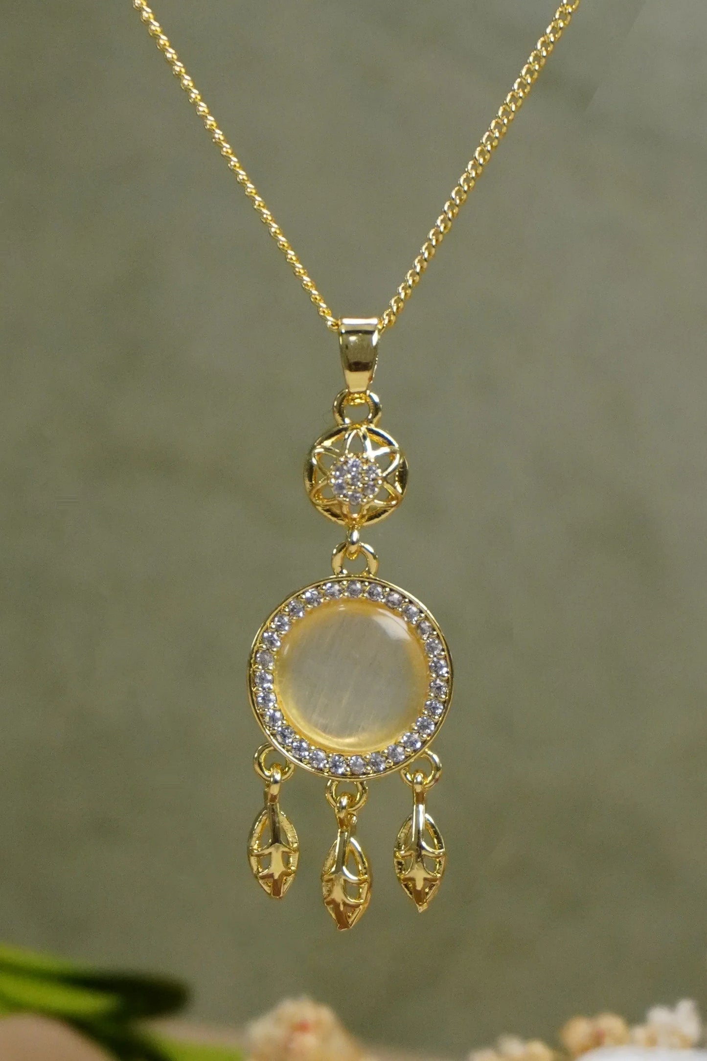 🪶 Boho Dreamcatcher Cat’s Eye Pearl Jewelry Matching Set, Gold Leaf Tassel Earrings & Necklace