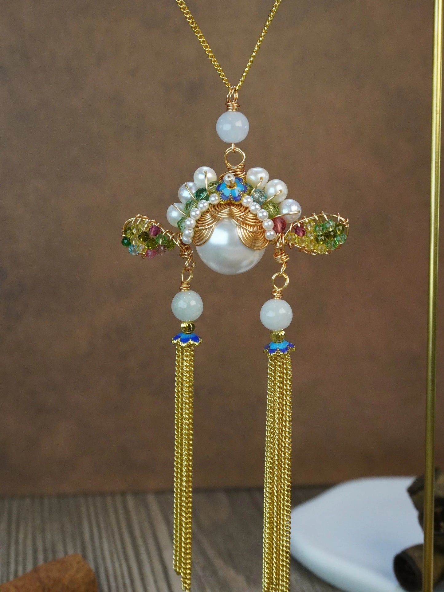 🏮 Antique Chinese Opera Headpiece Inspired Jewelry Set with Cloisonné & Gold Tassels