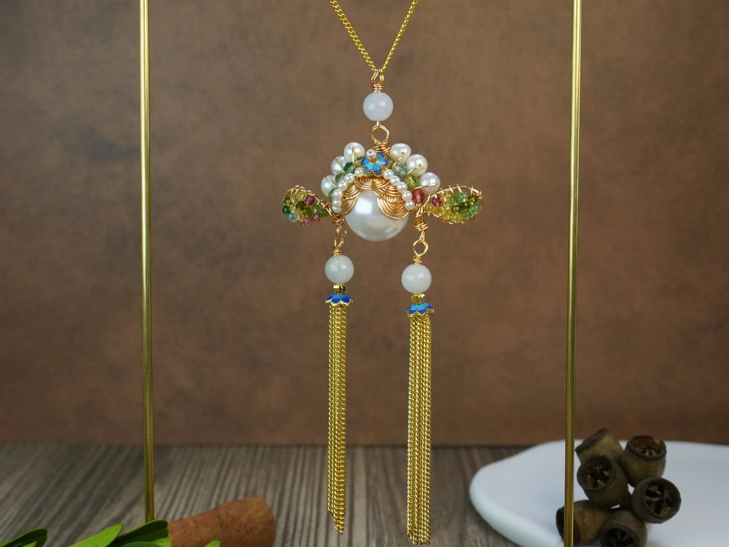 🏮 Antique Chinese Opera Headpiece Inspired Jewelry Set with Cloisonné & Gold Tassels