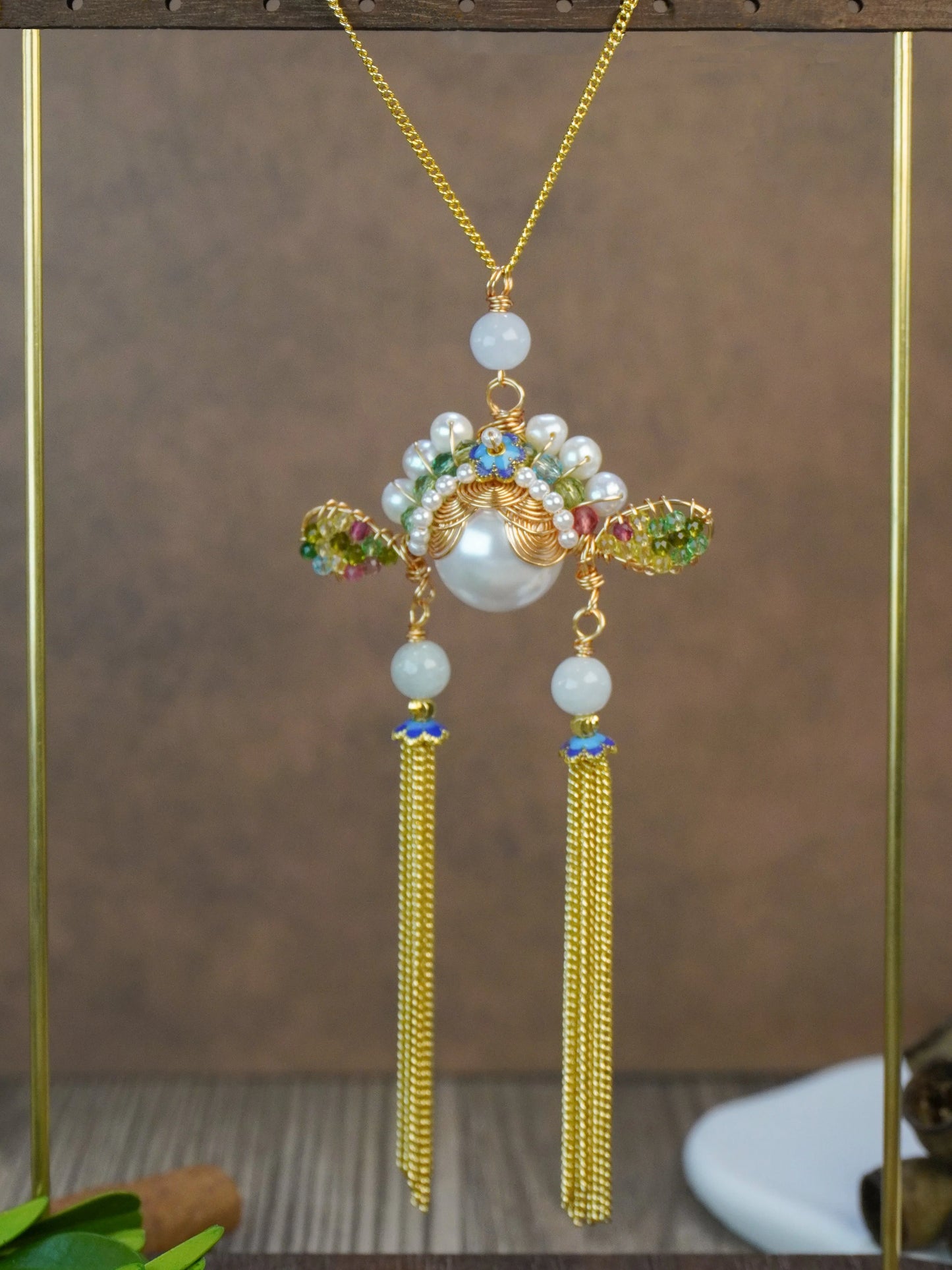 🏮 Antique Chinese Opera Headpiece Inspired Jewelry Set with Cloisonné & Gold Tassels