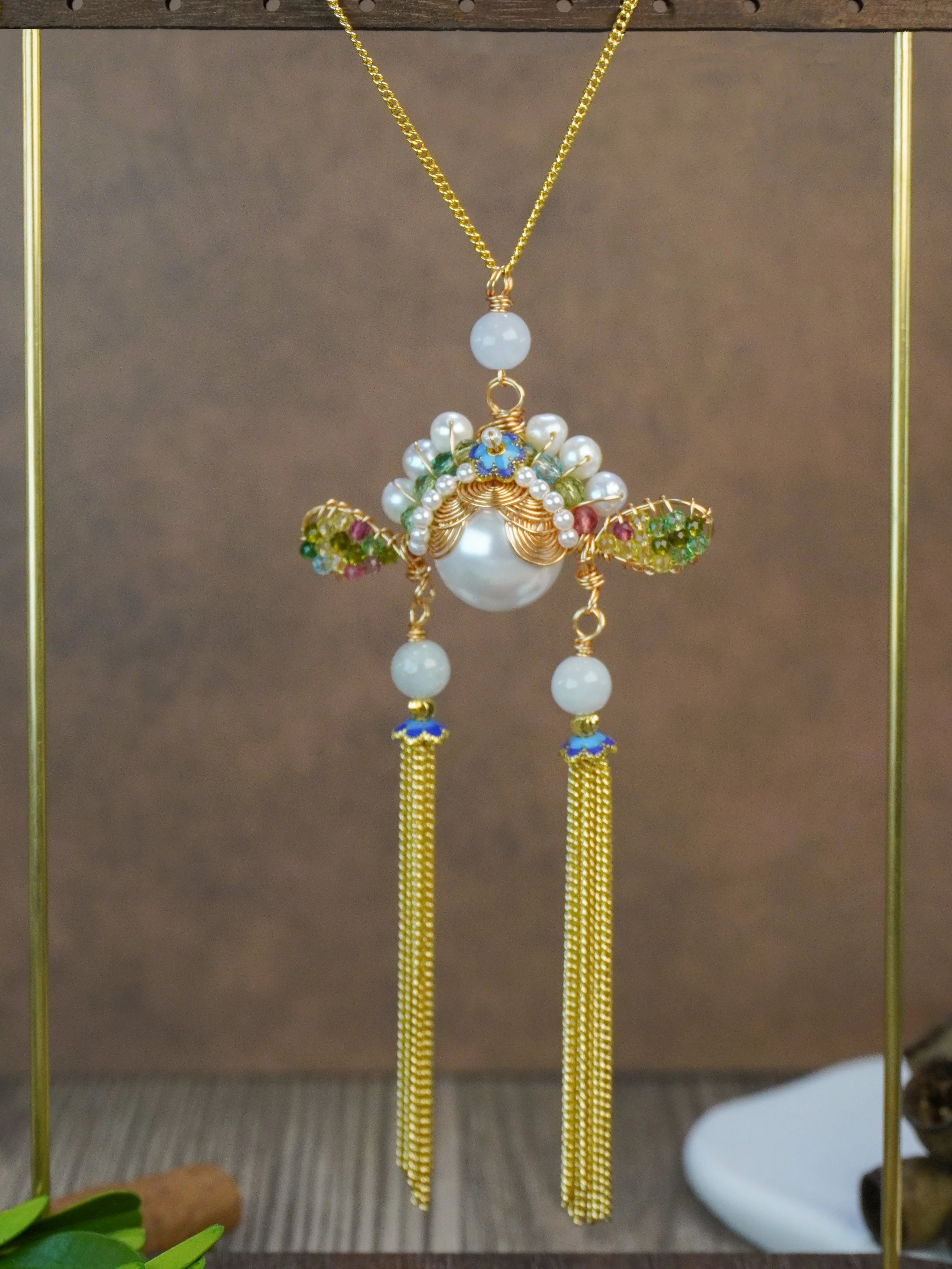 🏮 Antique Chinese Opera Headpiece Inspired Jewelry Set with Cloisonné & Gold Tassels
