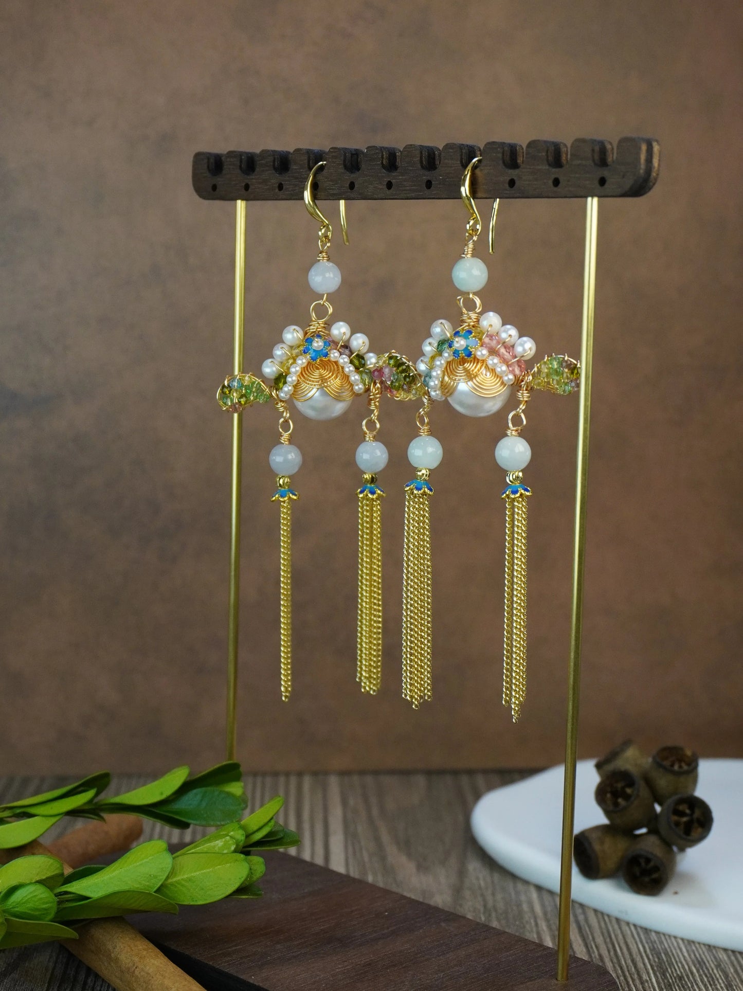 🏮 Antique Chinese Opera Headpiece Inspired Jewelry Set with Cloisonné & Gold Tassels