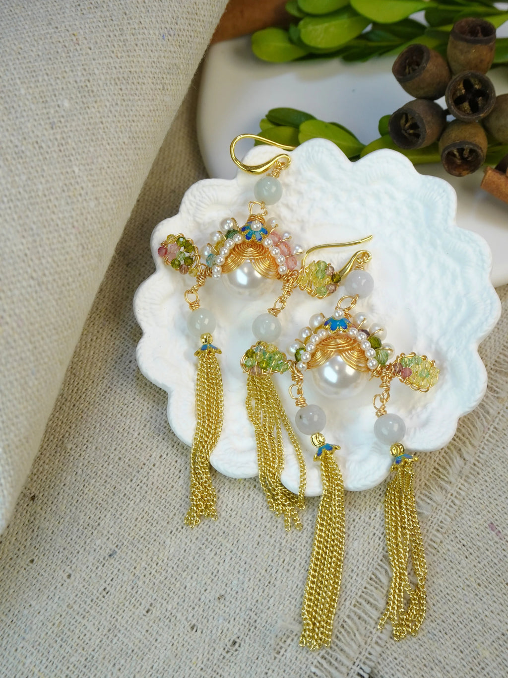 🏮 Antique Chinese Opera Headpiece Inspired Jewelry Set with Cloisonné & Gold Tassels