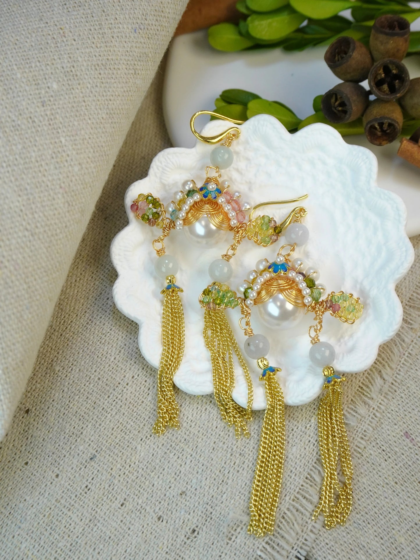 🏮 Antique Chinese Opera Headpiece Inspired Jewelry Set with Cloisonné & Gold Tassels