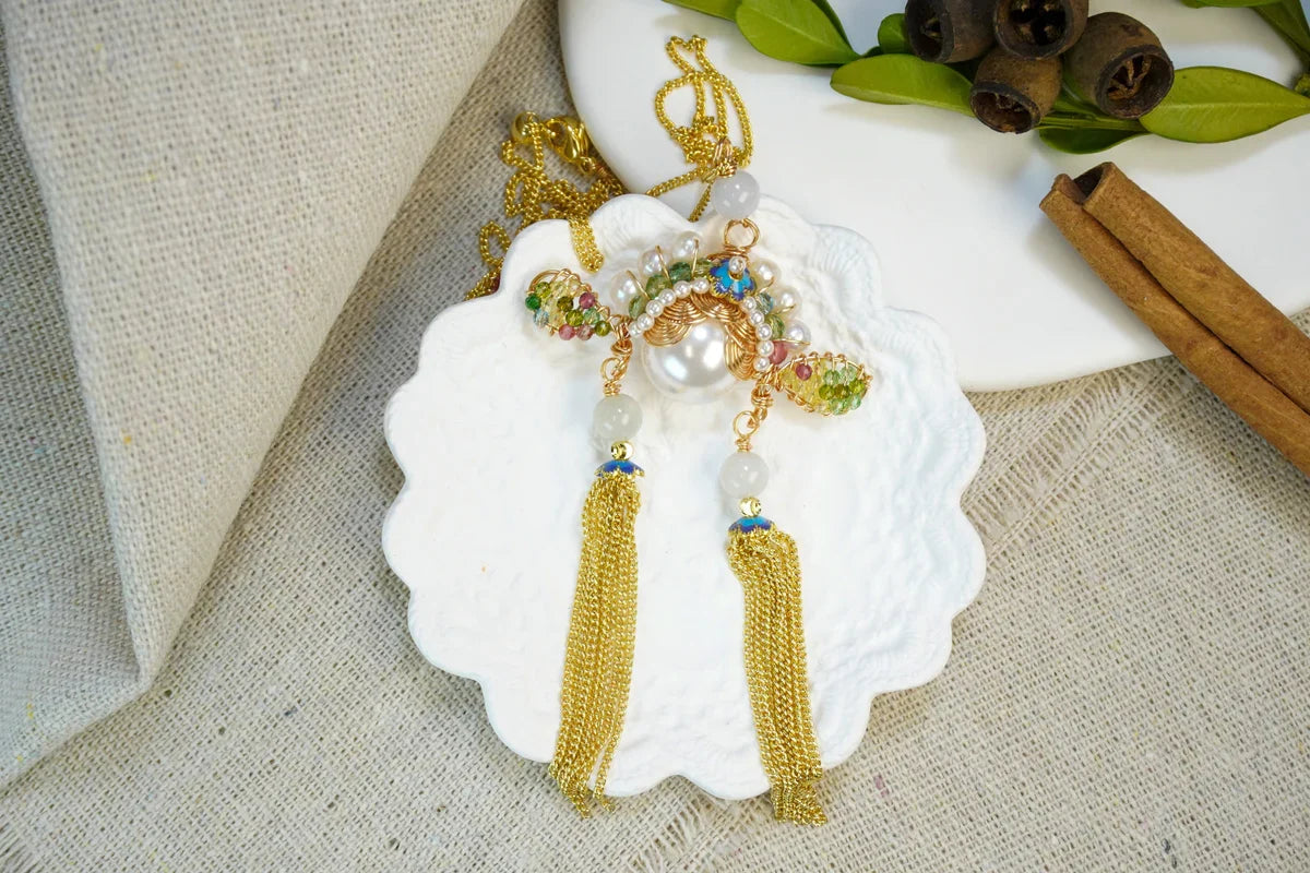 🏮 Antique Chinese Opera Headpiece Inspired Jewelry Set with Cloisonné & Gold Tassels