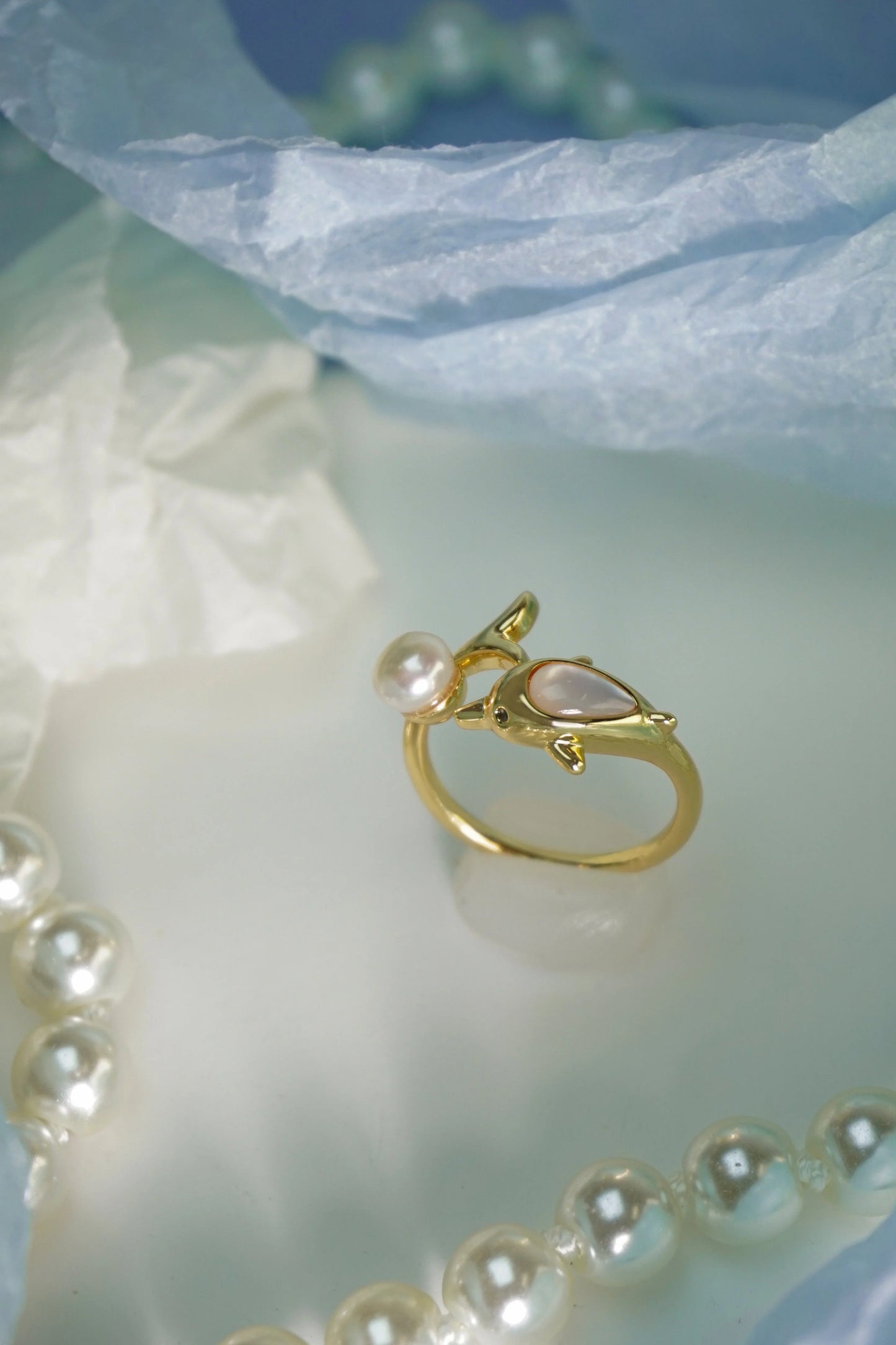 🐬✨ Dolphin  Pearl Open Ring, Adjustable Gold Ocean Statement Ring For Summer Vacation &amp