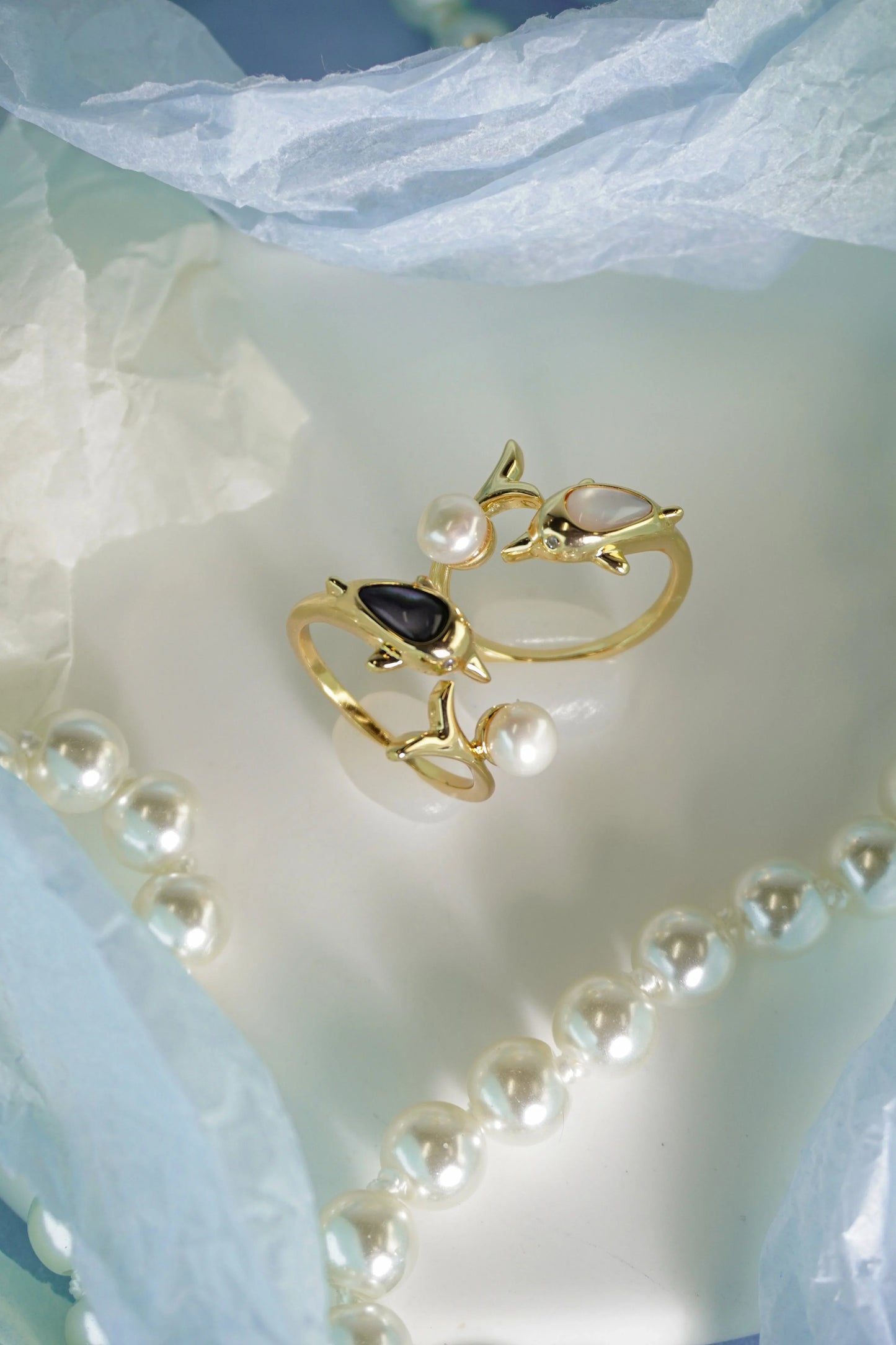 🐬✨ Dolphin  Pearl Open Ring, Adjustable Gold Ocean Statement Ring For Summer Vacation &amp