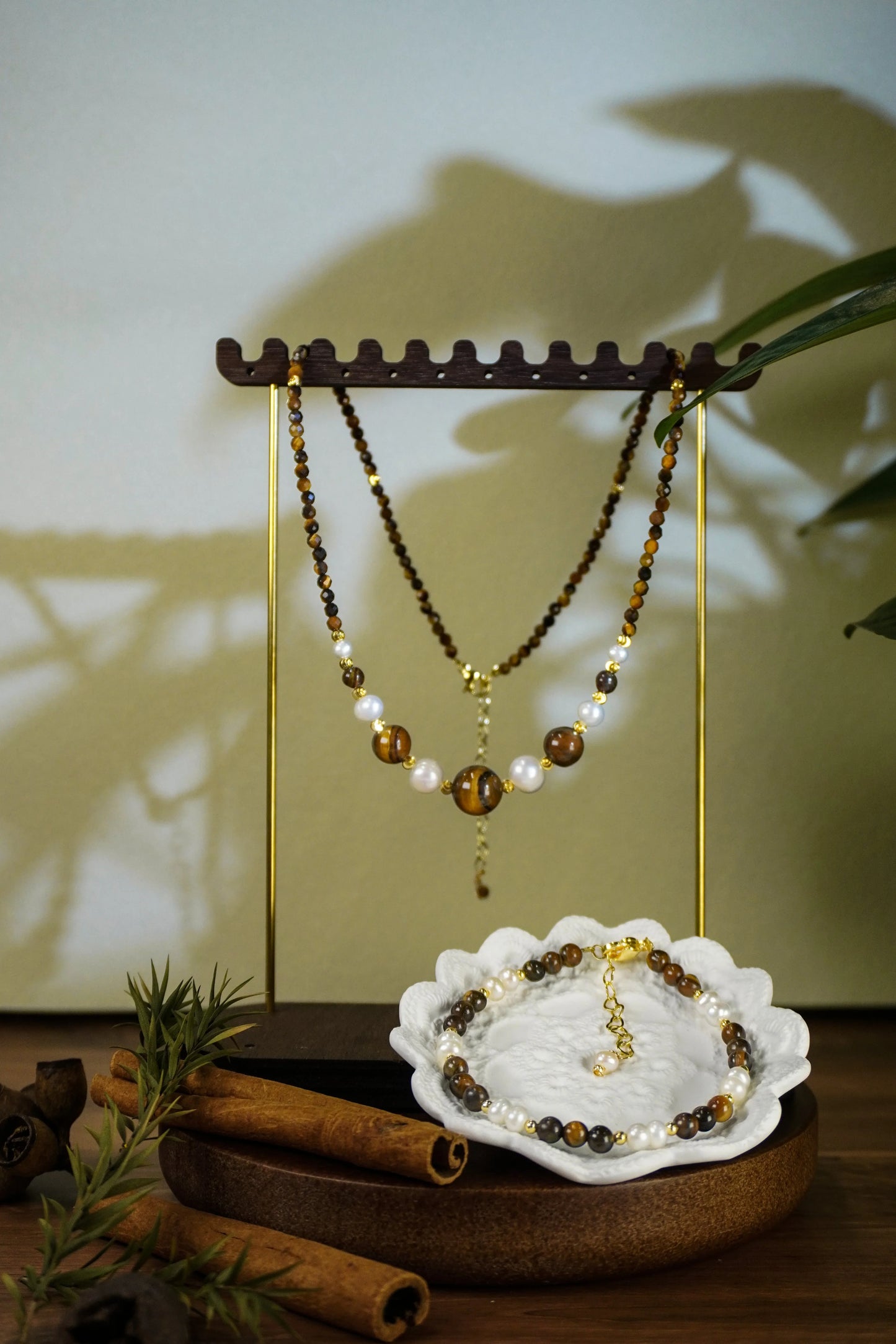 🤎✨ Warm Earth Tone Tiger Eye Layered Beaded Necklace With Freshwater Pearl Accents, Dainty Two-Strand Necklace for Casual &amp; Office Styling