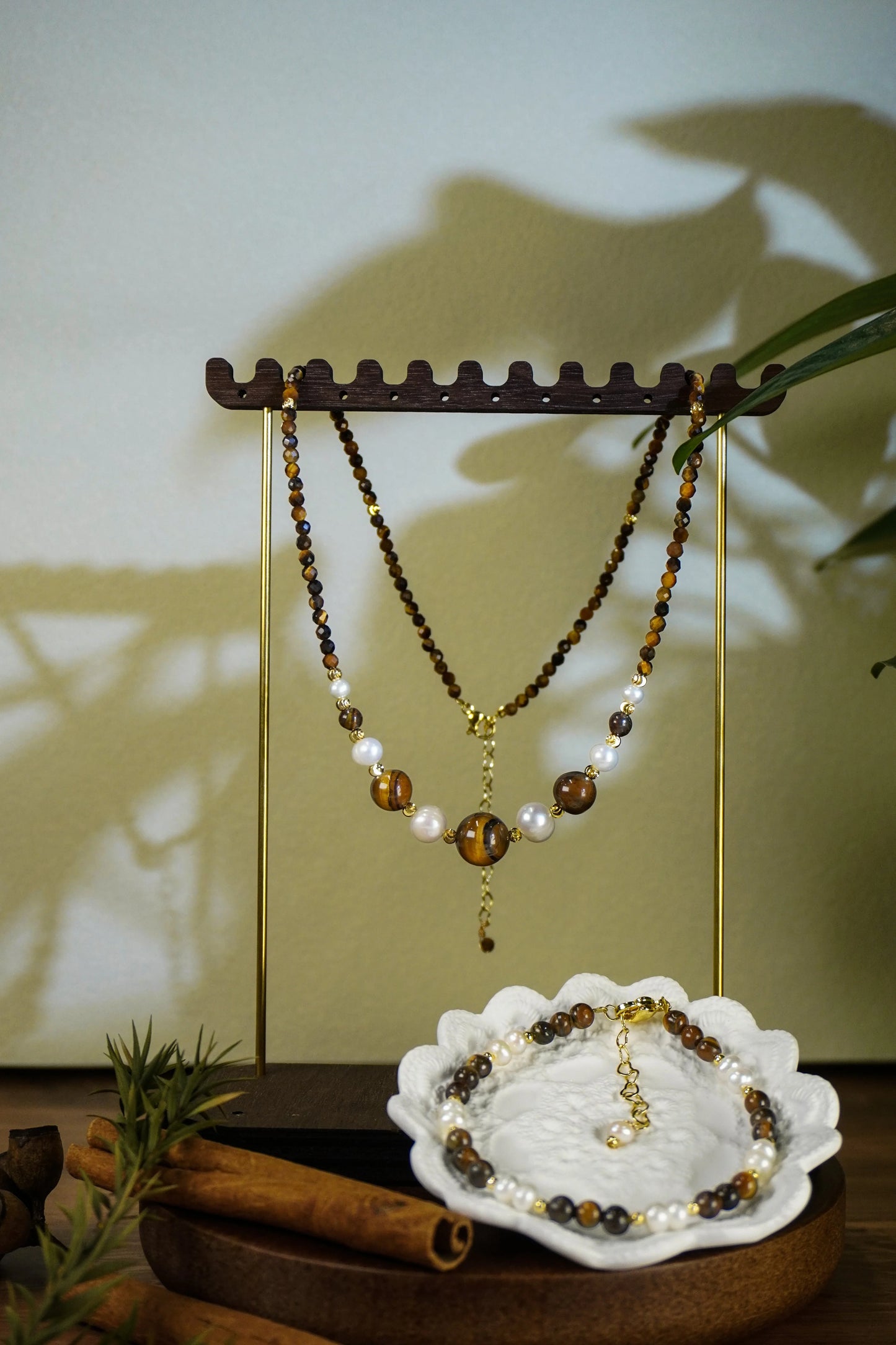 🤎✨ Warm Earth Tone Tiger Eye Layered Beaded Necklace With Freshwater Pearl Accents, Dainty Two-Strand Necklace for Casual &amp; Office Styling