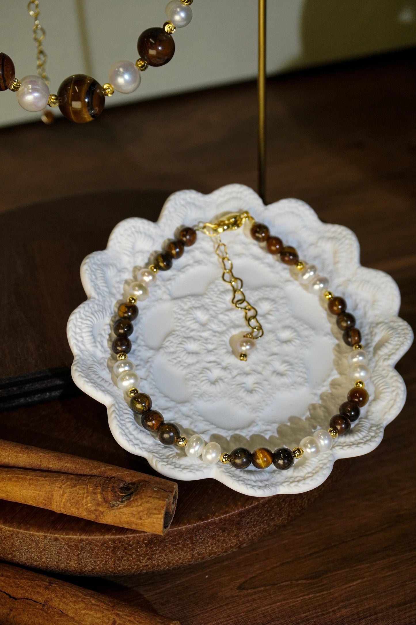 🤎✨ Warm Earth Tone Tiger Eye Layered Beaded Necklace With Freshwater Pearl Accents, Dainty Two-Strand Necklace for Casual &amp; Office Styling