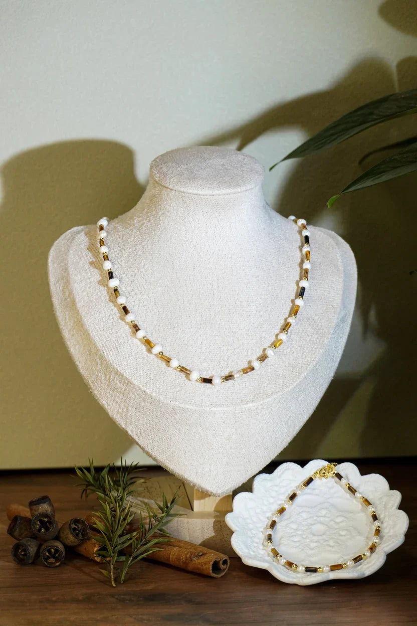 🐆✨ Tiger Eye &amp; Freshwater Pearl Matching Jewelry Set, Dainty Tube Stone Necklace &amp; Stackable Bracelet for Women