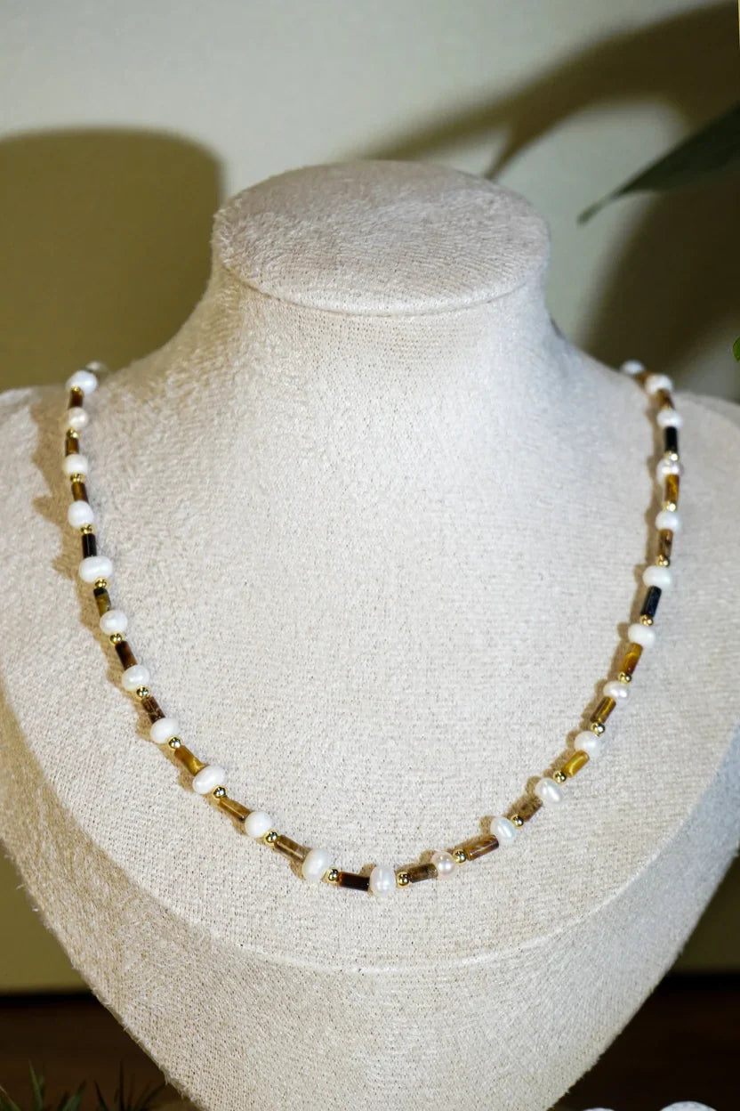 🐆✨ Tiger Eye &amp; Freshwater Pearl Matching Jewelry Set, Dainty Tube Stone Necklace &amp; Stackable Bracelet for Women