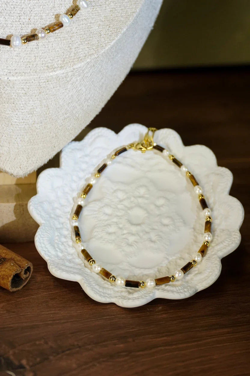 🐆✨ Tiger Eye &amp; Freshwater Pearl Matching Jewelry Set, Dainty Tube Stone Necklace &amp; Stackable Bracelet for Women