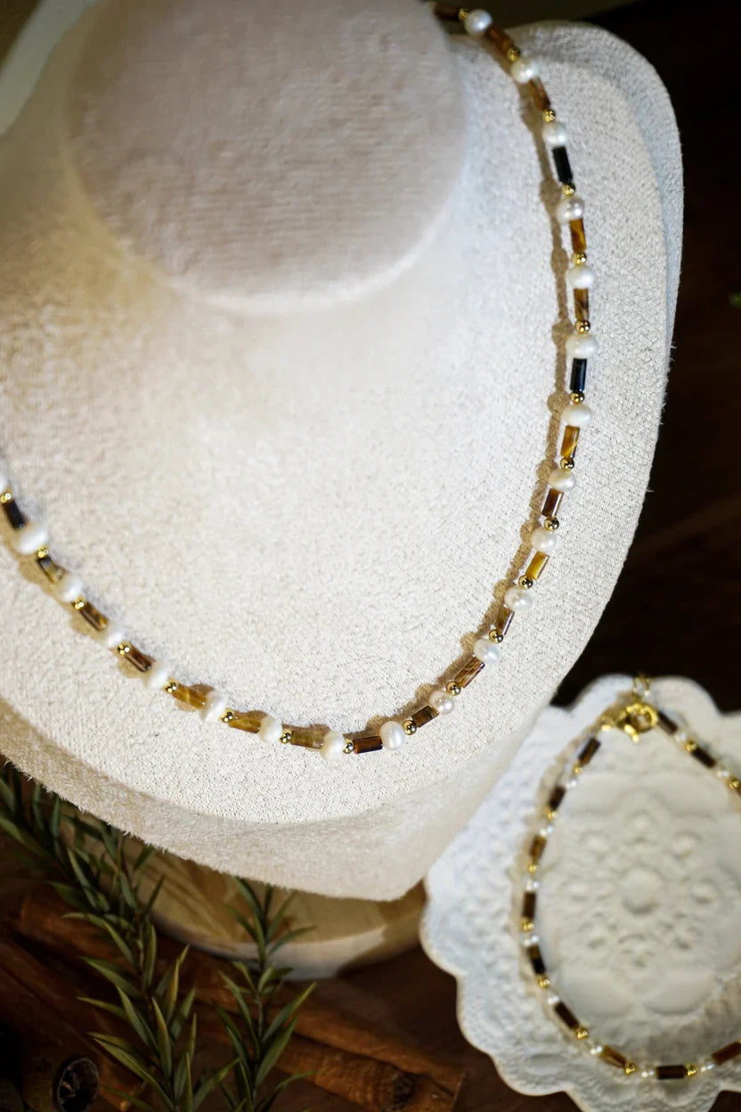 🐆✨ Tiger Eye &amp; Freshwater Pearl Matching Jewelry Set, Dainty Tube Stone Necklace &amp; Stackable Bracelet for Women
