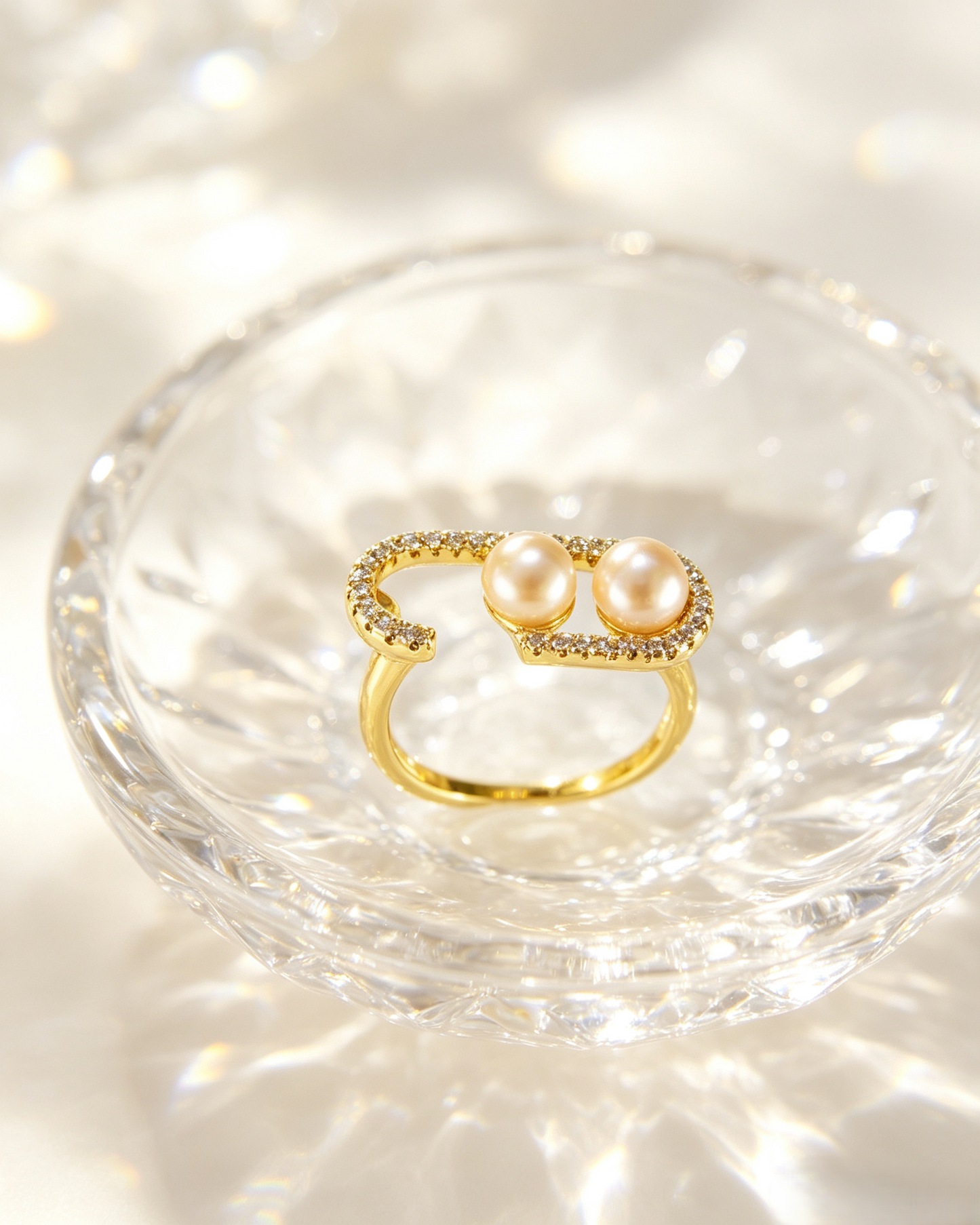 ✨ Minimal Open Freshwater Pearl Wrap Ring | Gold Adjustable Double Pearl Ring with Crystal Accents for Everyday Elegance