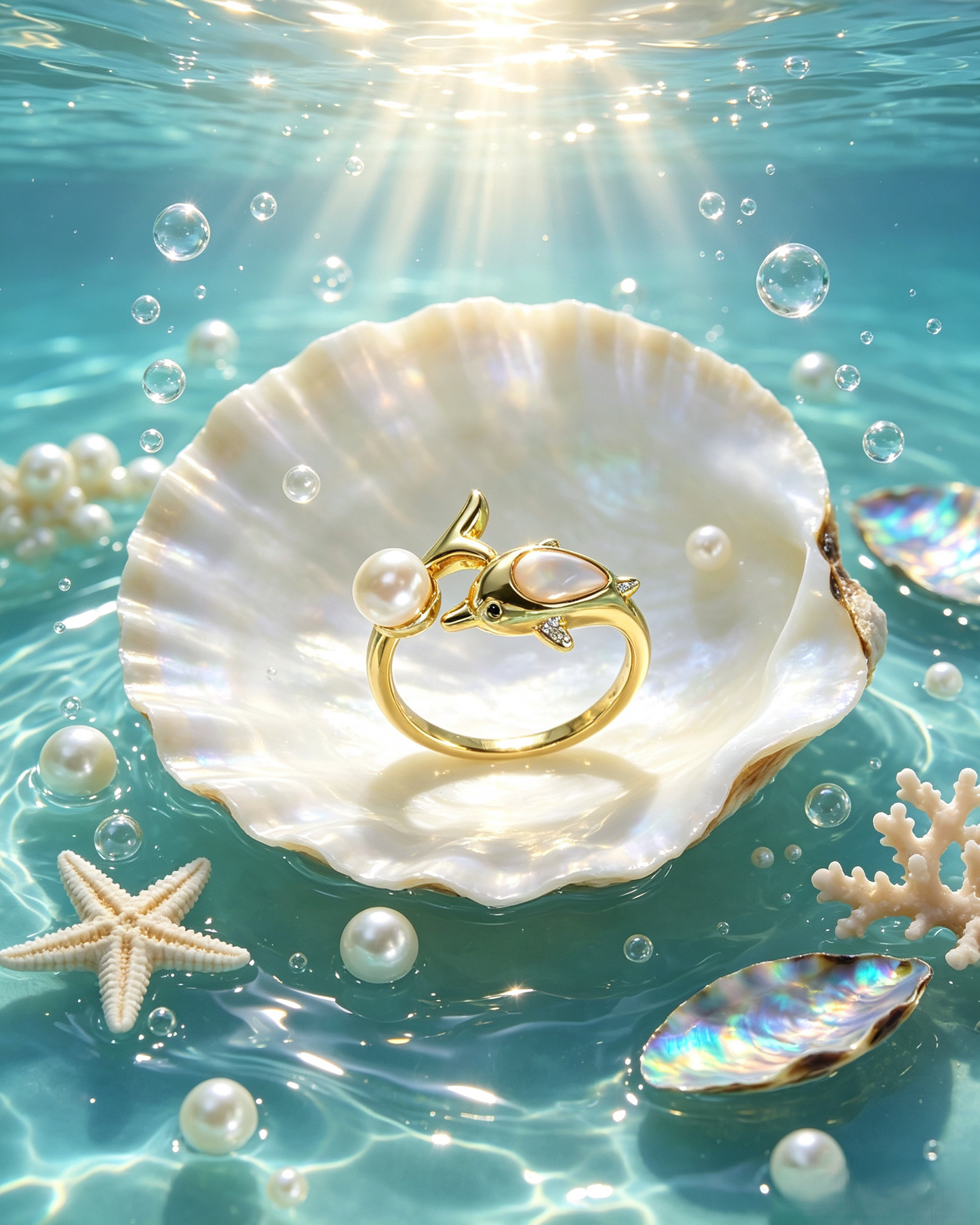 🐬✨ Dolphin  Pearl Open Ring, Adjustable Gold Ocean Statement Ring For Summer Vacation &amp