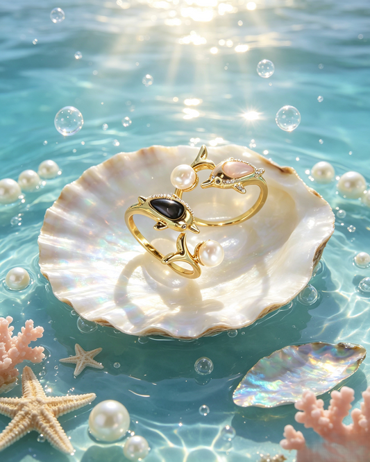 🐬✨ Dolphin  Pearl Open Ring, Adjustable Gold Ocean Statement Ring For Summer Vacation &amp