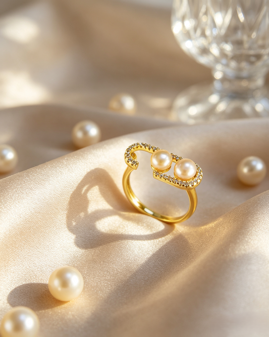 ✨ Minimal Open Freshwater Pearl Wrap Ring | Gold Adjustable Double Pearl Ring with Crystal Accents for Everyday Elegance