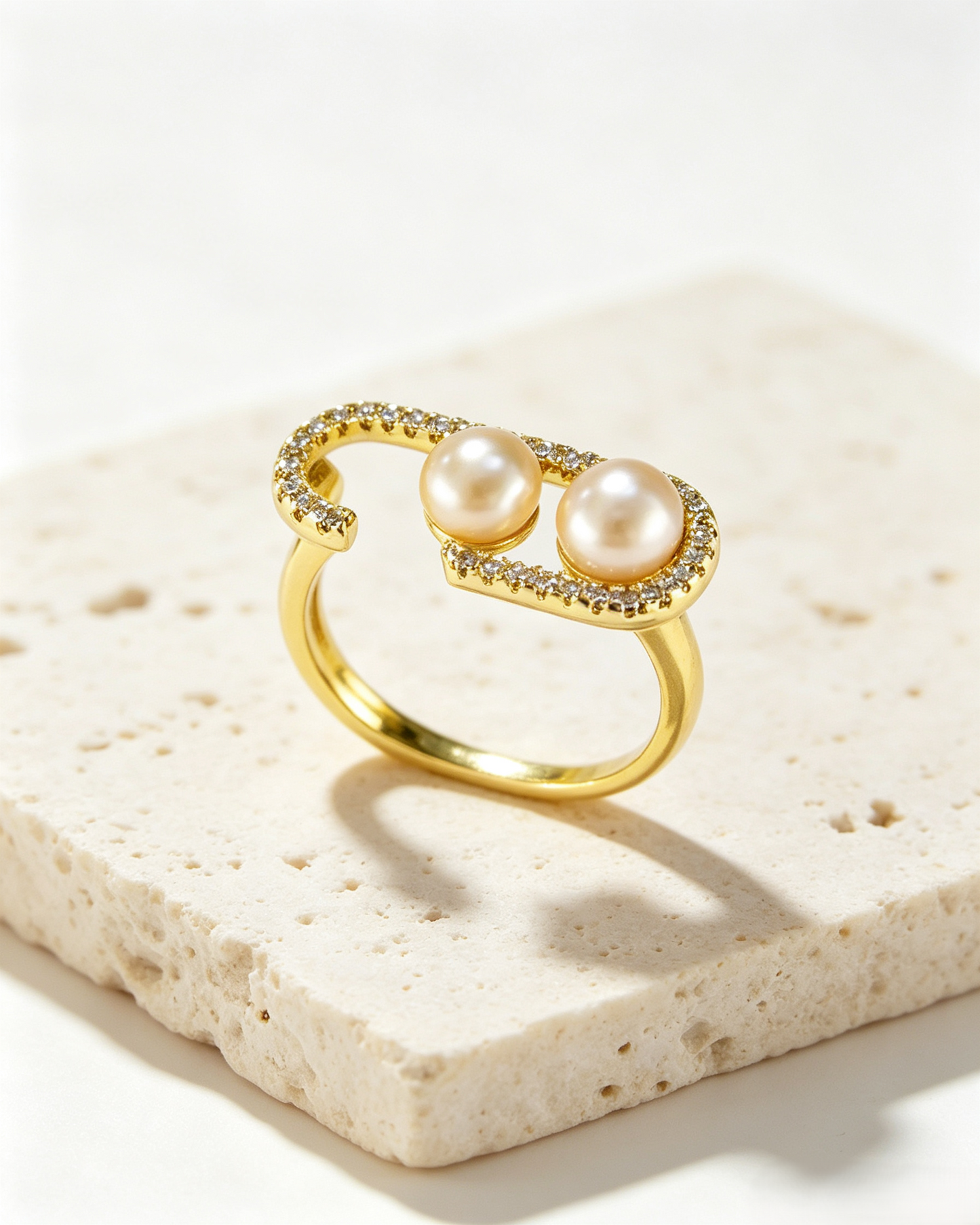 ✨ Minimal Open Freshwater Pearl Wrap Ring | Gold Adjustable Double Pearl Ring with Crystal Accents for Everyday Elegance