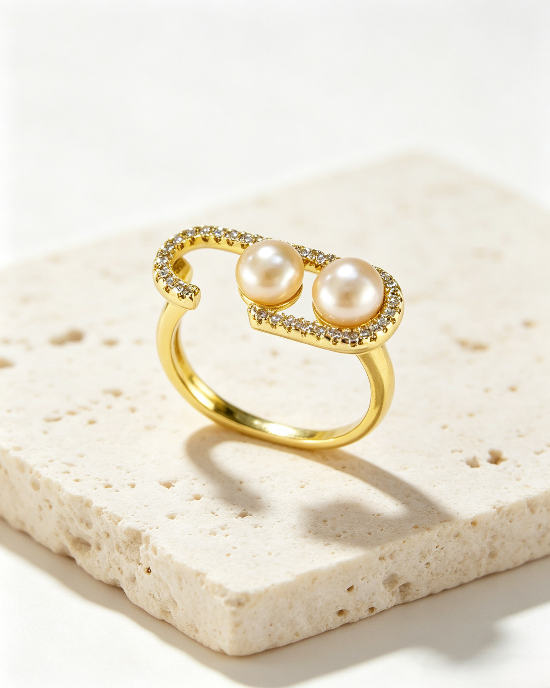 ✨ Minimal Open Freshwater Pearl Wrap Ring | Gold Adjustable Double Pearl Ring with Crystal Accents for Everyday Elegance