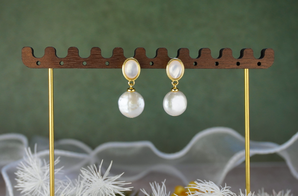 Oval Mother of Pearl Baroque Freshwater Pearl Drop Earrings