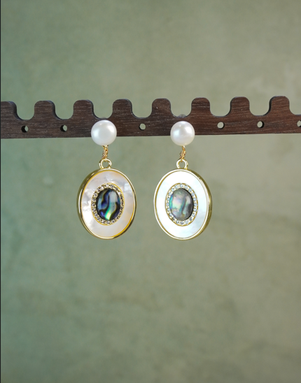 Double Pearl Iridescent Blue Zircon Halo Pendant Earrings