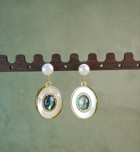 Double Pearl Iridescent Blue Zircon Halo Pendant Earrings