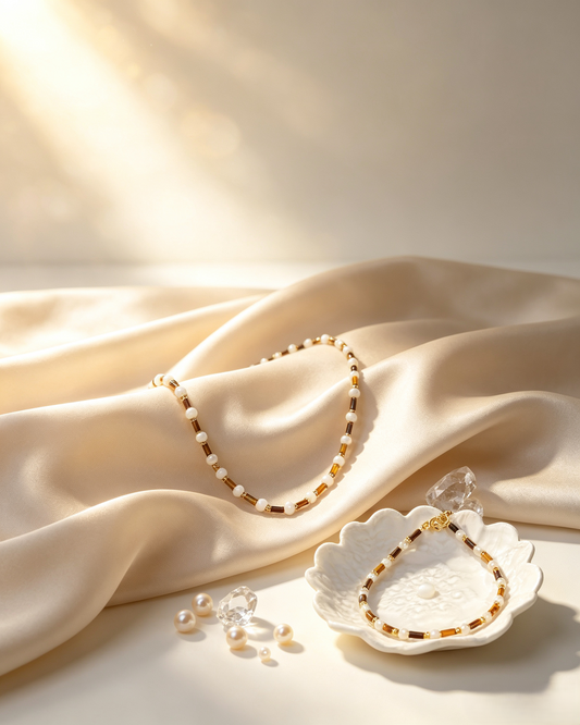 🐆✨ Tiger Eye &amp; Freshwater Pearl Matching Jewelry Set, Dainty Tube Stone Necklace &amp; Stackable Bracelet for Women