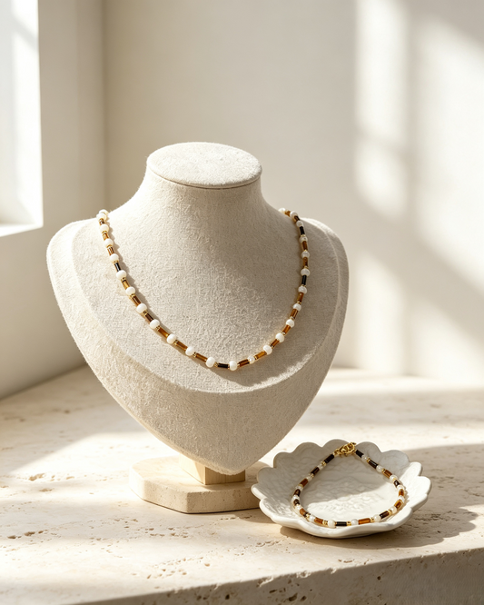 🐆✨ Tiger Eye &amp; Freshwater Pearl Matching Jewelry Set, Dainty Tube Stone Necklace &amp; Stackable Bracelet for Women